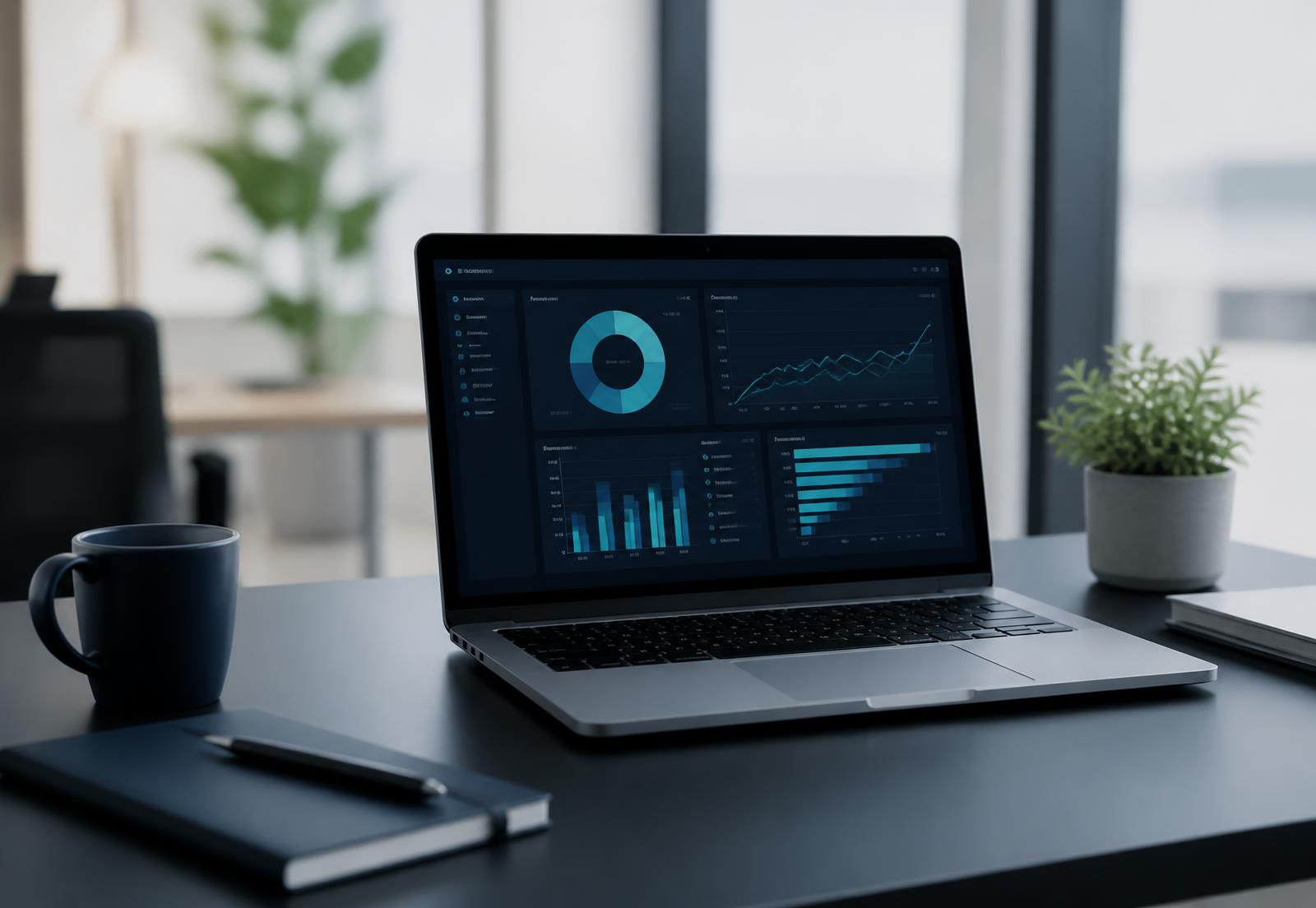 Digital marketing performance dashboard on a laptop in a modern office